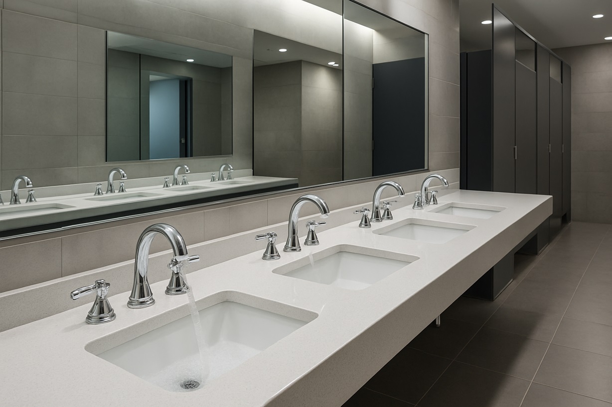 Commercial or hospitality restroom with chrome three hole faucets on multiple basins